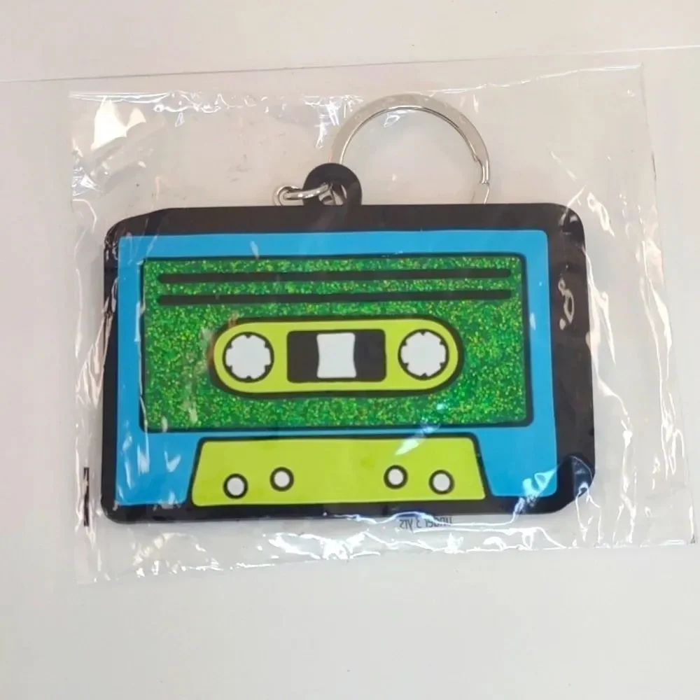 Retro Cassette Tape Key Chain Green Blue Black Glitter Soft Plastic 80s